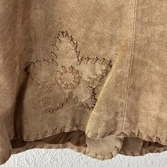 Coldwater Creek Suede Tan Genuine Leather Whipped Stitch Floral Jacket Size XL